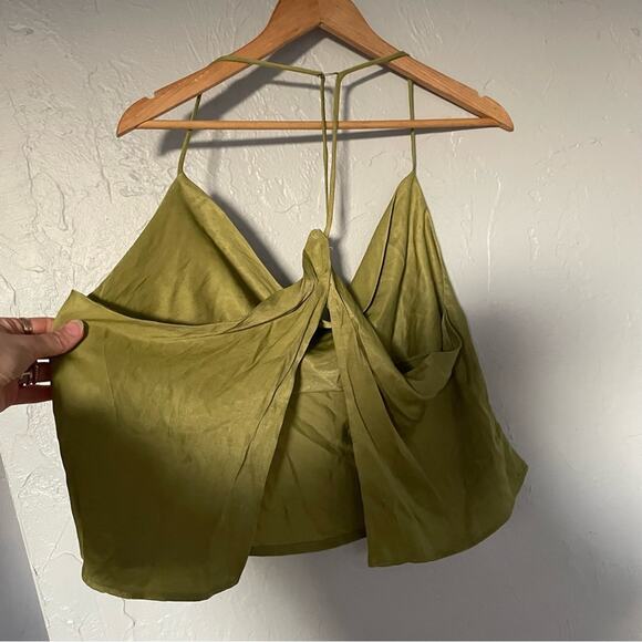 Olive Green Cowlneck Backless Tank Going out Top Flowy Draped sz Large - Picture 3 of 5